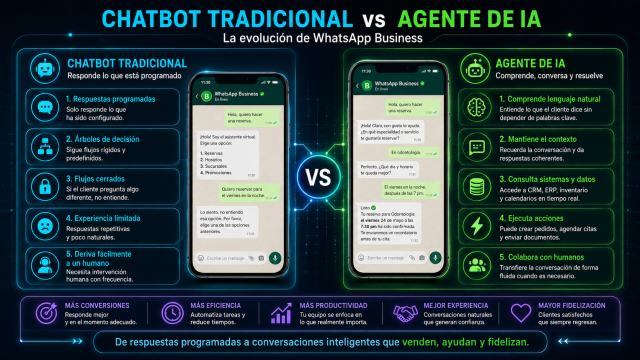 Diferencias entre un chatbot tradicional y un agente de inteligencia artificial en WhatsApp Business.