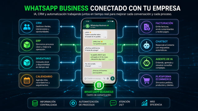 Integración de WhatsApp Business con CRM, ERP, inventario, calendario, chatbot y agente de IA.