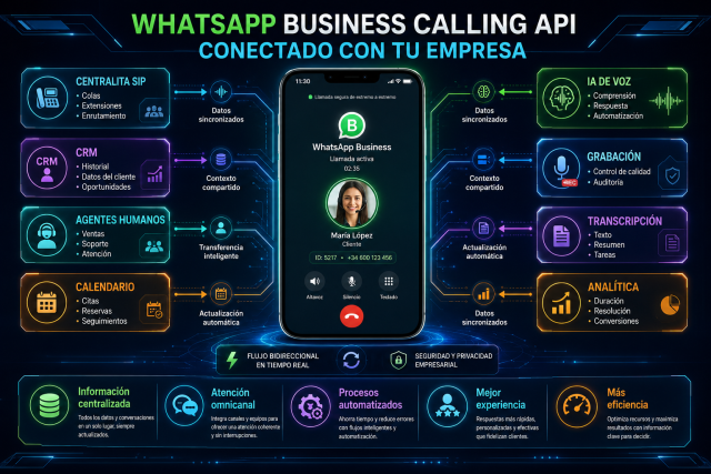 Integración de WhatsApp Business Calling API con centralita SIP, CRM, agentes e inteligencia artificial.