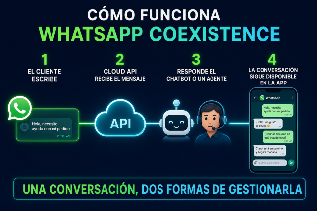 Flujo de WhatsApp Coexistence desde el mensaje del cliente hasta la respuesta por chatbot o agente